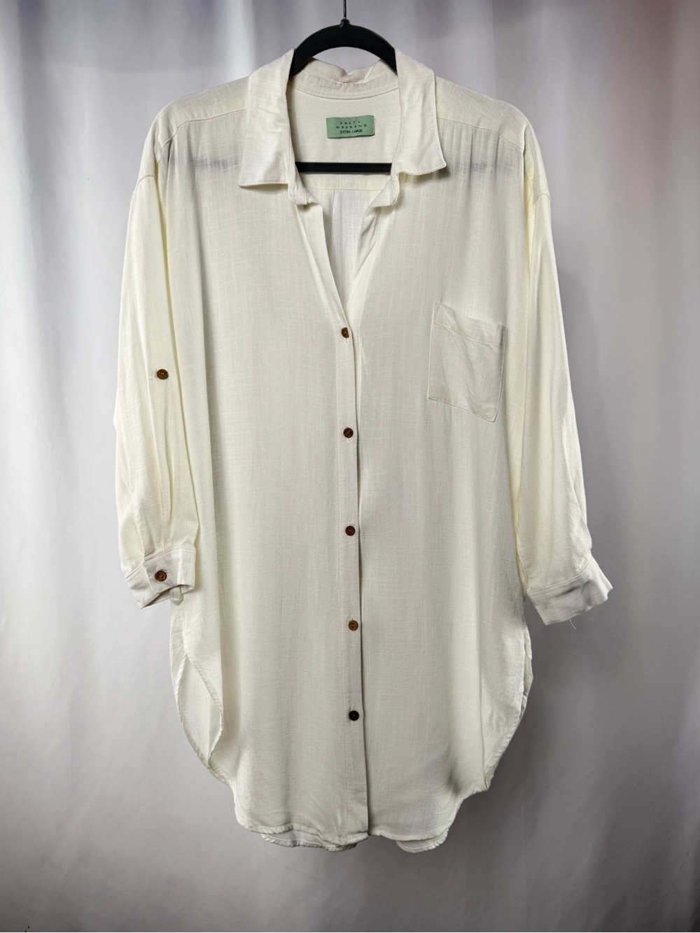 Salty Weekend Viscose Linen Roll Up Sleeve Button Up Collared Shirt in White XL